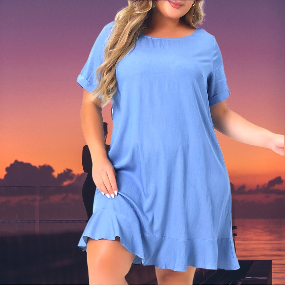 Agnes Orinda Women’s plus-size Blue Chambray Short-sleeve Ruffled Mini Dress❤️3X